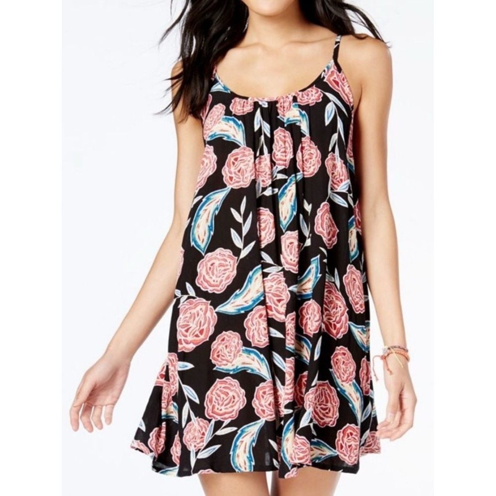 Roxy Womens Floral Spaghetti Strap Swing Dress Size M Black Pink Beach Cover Up